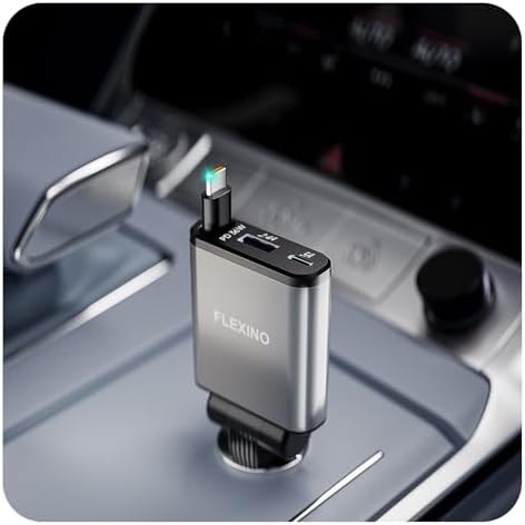 Flexino 【Ultra-Slim】 Retractable Car Charger for iPhone 17, Fast Charging Car Chargers, USB C Car Charger, Cigarette Lighter Adapter for iPhone 17/16/15/14/13/12 Series, Galaxy, Gray, 1 Pack