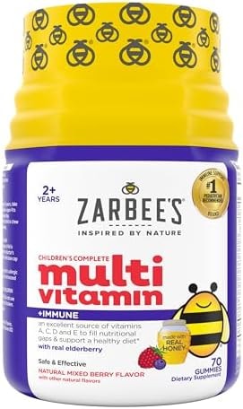 Zarbee's Complete Kids Multivitamin Gummies + Immune Support, Children Vitamins Gummy with Vitamin A, C, D3, E, B6, B12, Folic Acid & Total B-complex, 70 ct