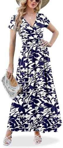 ANRILITA Empire Waist Summer Dresses for Women 2026 Trendy Wrap V Neck Short Sleeve Semi-Formal Casual Elegant Flowy Long Maxi Dress with Pockets