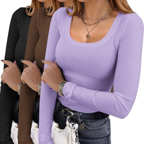 Ekouaer Womens 3 Pack Long Sleeve Shirts Square Neck Thermal Undershirts