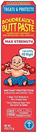 Boudreaux’s Butt Paste Max Strength Diaper Rash Cream for Baby, Ointment With Zinc Oxide, 4 oz Tube