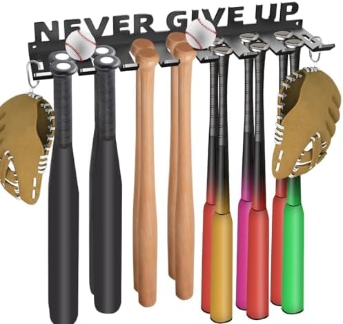 Sahans Baseball Bat Holder Wall Mount Softball Storage Hooks Metal Rack Hanger Fence on Wall Home and Field for Display Heavy Duty Steel Organizer Hanging Sports Equipment Holds 14 Bats Never Give UP