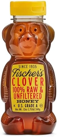 Fischer's Clover Honey, 12 Oz – 100% Pure, Raw & Unfiltered Honey – Squeezable Bear Bottle – Gluten-Free, Non-GMO – All-Natural Sweetener
