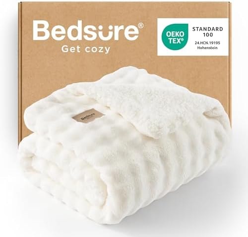 Bedsure GentleSoft Cloud Bubble Sherpa Throw Blanket for Couch, Fluffy Fuzzy Thick Warm Christmas Blanket for Winter, Fleece Cozy Plush Throw Gifts for Women, Comfort Room Decor, White, 50x60 Inches
