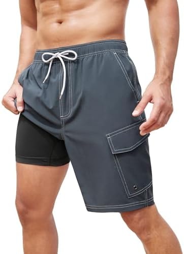 SILKWORLD Swim Trunks for Men Compression Lined 9 Inch, Charcoal Gray, L