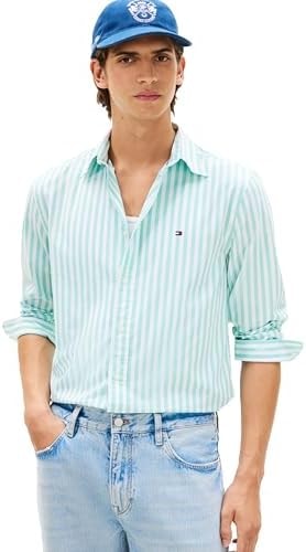 Tommy Hilfiger Mens Long Sleeve Poplin Shirts in Regular Fit, Men's Button Down Shirts, Also Available in Big and Tall Arctic Aqua/Stripe Large