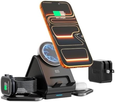 3 in 1 Charging Station, Mag Safe Wireless Charger Stand, Qi2-enable, 15W Multiple Device Magnetic Charging Station for iPhone 16,15,14,13,12 Series, Apple Watch, AirPods (USB-C Charger Included)