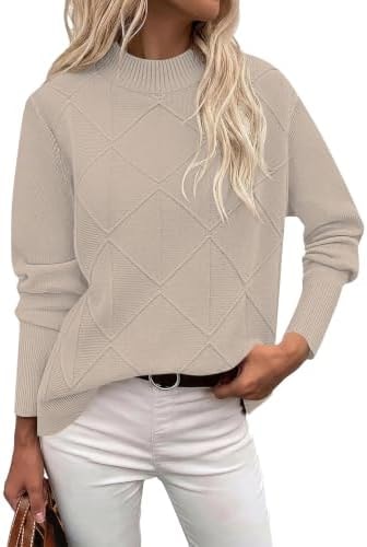 LOMON Mock Neck Sweaters for Women Fall Cable Knit Winter Outfits (Khaki,S)