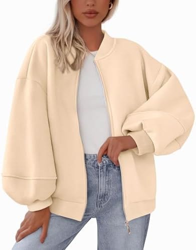 KIRUNDO Oversized Sweatshirt for Women Zip Up Bomber Jacket(Beige, S)