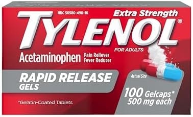 Tylenol Rapid Release Extra Strength Gelcaps, Acetaminophen 500 mg per Gel, Laser Drilled Holes Allow Fast, Strong Pain Relief, Fever Reducer, Gentle on Stomach, 100 Count Size