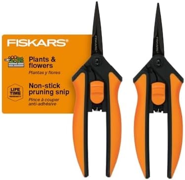 Fiskars 6" Pruning Scissors (2-Pack) for Flowers, Buds, Weeds and Small Plants, Garden Snips with Resin Resistant Nonstick Stainless Steel Blades, Gardening Trimmers with Comfortable Handle