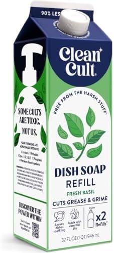 Cleancult Dish Soap Liquid Refills (32oz, 1 Pack) - Dish Soap that Cuts Grease & Grime - Free of Harsh Chemicals - Paper Based Eco Refill, Uses 90% Less Plastic - Sweet Basil