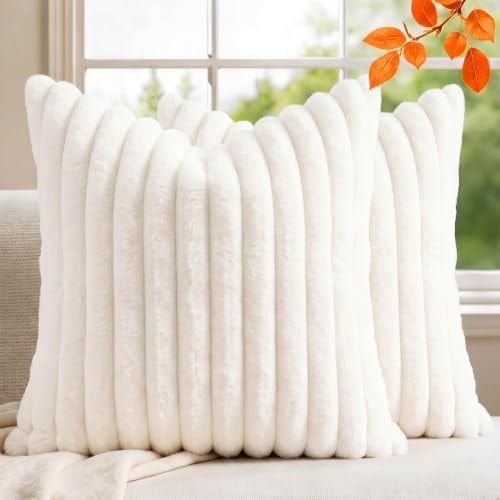 MEGAYES Set of 2 Decorative Throw Pillow Covers 18x18, Faux Fur Cream White