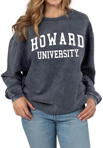 chicka-d Women's Oversized Original Corded Crew Fleece Sweatshirt NCAA Classic Arch Over Team Color, Howard Bison, Navy, Medium