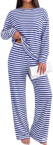 BTFBM Striped Lounge Set Women 2 Piece Outfit Tracksuit,S,White Blue