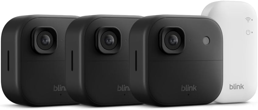 Blink Outdoor 2K+ (newest model) with 1-Year Plus plan — 2K video resolution, Color Vision in low light, and noise cancellation. Sync Module included — 3 camera system (Black)