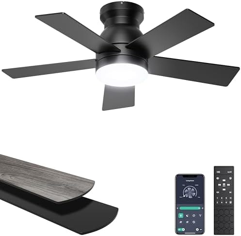 Ohniyou Ceiling Fans with Lights, 32 Inch Low Profile Ceiling Fan with Light and Remote/APP Control, Flush Mount, Dimmable, Quiet DC Motor, Black Small Indoor Ceiling Fan for Bedroom, Kitchen