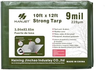 Hanjet Waterproof 10 x 12 Feet Tarp Heavy Duty 9-mil Thick Multi-Purpose Covers Army Green PE Tarpaulin