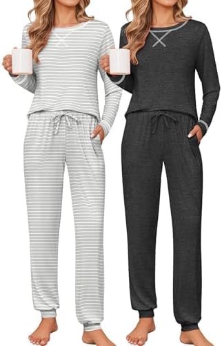 Ekouaer 2 Pack Pajama Sets for Women Long Sleeves Lounge Set Jogger Pants