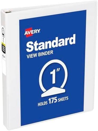 Avery Standard View 3 Ring Binder, 1" Round Rings, 175-Sheet Capacity, 1.4 Inch Wide Spine, 1 White Binder, Ideal for Lightweight Organization and Occasional Referencing (05711)