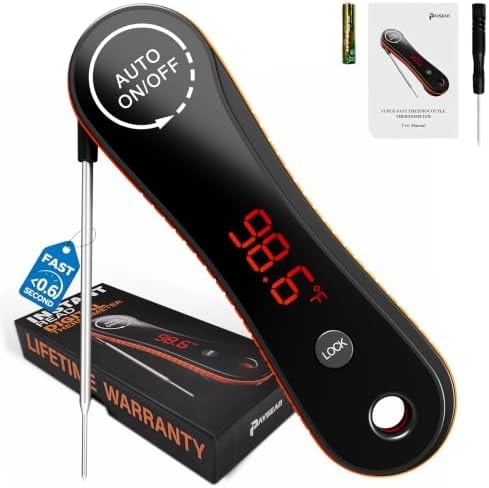 Meat Thermometer Digital - Paysean Instant Read Meat Thermometer with Auto Rotating Backlit Display, IP67 Waterproof for Cooking, Grilling, BBQ, Candy (Black)