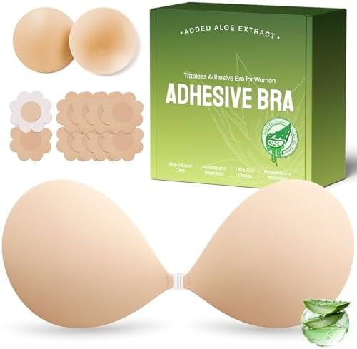 MSHalo Ultra Invisible Sticky Bra Push Up, Strapless Adhesive Bra for Women's Exotic Bras, Reusable Silicone Sticky Boobs for Backless Dress (D Cup, Beige)