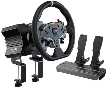 MOZA R5 All-in-One PC Gaming Racing Simulator: 5.5Nm Direct Drive Wheel Base, 11-inch Racing Wheel, Anti-Slip Pedals and a Desk Clamp, Cloud-based App Control