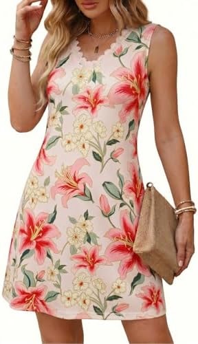Dokotoo Summer Boho Sundresses for Women 2026 Lace V Neck Mini Dresses Sleeveless Floral Dress Ruffle A Line Casual Hawaiian Dresses for Beach Vacation Apricot XX-Large