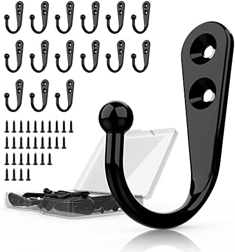 PRIGVOT 15 Pcs Black Wall Mounted Coat Hooks, Hanger Hook with 30 Pieces Screws for Towel, Key, Robe, Scarf, Bag, Cap, Coffee Cup, Mugs