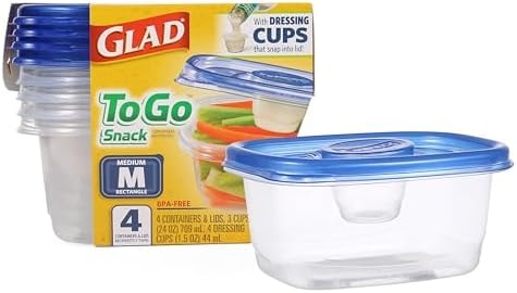 Glad GladWare To Go Snack Food Storage Containers with Lids, Medium Rectangle No BPA Plastic with Built-In Dressing Cup for Salads and Snacks, Microwave Dishwasher Safe, 24 Oz, 4 Count