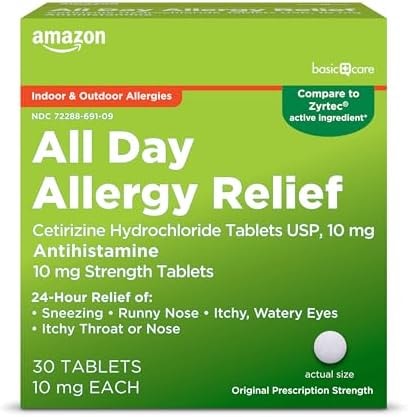 Amazon Basic Care All Day Allergy, Cetirizine Hydrochloride Tablets, 10 mg, 24-Hour Relief for Sneezing, Runny Nose, Itchy Eyes & Throat, Indoor & Outdoor Allergy Relief, 30 Count (Packaging may vary)
