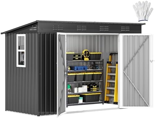 DWVO 9x4ft Large Tool Storage Shed with Window, Lockable Doors, and Sloped Roof, Oversized Steel Outdoor Storage Shed for Garden, Patio, Garage, Backyard, Lawn - Dark Gray