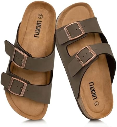 LUCKYLI Kids Sandals for Boys Girls Cork Footbed Slide Sandals with Adjustable Straps Non-slip Summer Slippers for Indoor Outdoor (Little/Big Kids) (13 Little Kid, Brown)
