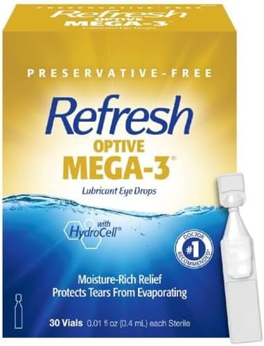 REFRESH OPTIVE MEGA-3 Lubricant Eye Drops Preservative-Free Artificial Tears, 0.01 fl oz (0.4 mL), 30 Single-Use Containers