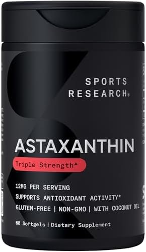 Sports Research® Triple Strength Astaxanthin 12mg w/Organic Coconut Oil - Antioxidant Supplement for Skin & Eye Health Support* - Soy Free · Non-GMO · Gluten Free - 60 Softgels