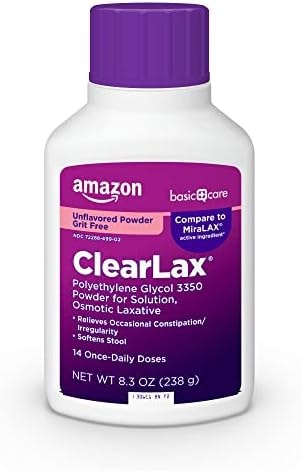 Amazon Basic Care ClearLax, Polyethylene Glycol 3350 Powder for Solution, Osmotic Laxative, Unflavored, 8.3 ounce (Pack of 1)