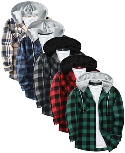 Little Beauty 5 Pack Mens Flannel Shirts Long Sleeve Fall Casual Button Down Shirt Jacket Plaid Hoodie Shirts with Pocket XL
