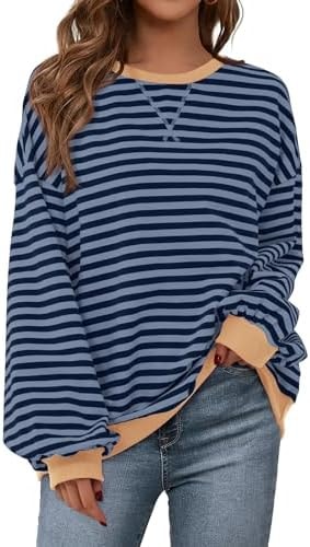 PRETTYGARDEN Women Classic Striped Oversized Crewneck People Dupes Color Block Long Sleeve Casual Sweatshirt Loose Pullover (Blue Navy, X-Small)