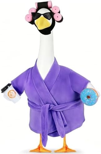 Porch Goose Outfits, Bathrobe Goose Outfit with Curlers Sunglasses Coffee Cup Donut, Hawaiian Beach Vacation Style Goose Clothes for 23'' Goose Statue, Lawn Yard Garden Patio Pool Party Decor (Purple)