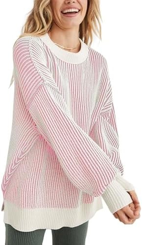 Tomosc Beyond Chenille Sweater for Women 2026 Winter Crew Neck Pullover Sweater Color Block Knit Tops (13W-Pink-XS1)