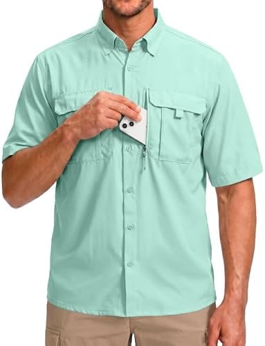 BETBO Men's Short Sleeves Fishing Shirts Button Down Summer Travel Work Shirts with Zipper Pockets(Arona, X-Large)