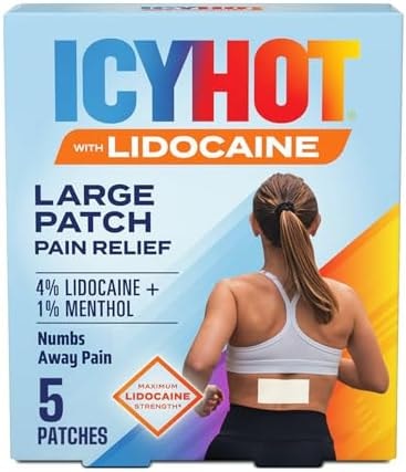 Icy Hot Lidocaine Pain Relief Patches, Numb Aggravated Nerves with Max Strength Lidocaine 4% and Menthol 1%, Fast-Acting Pain Relief for Minor Pain, Backaches, Sprains and Strains, 5 ct.