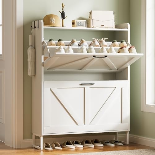 Urban Deco Shoe Storage Cabinet for Entryway, 2 Flip Drawers Shoe Organizer, Elegant 2-Tier Freestanding Shoe Cabinet with Anti-Tipping Design (White)