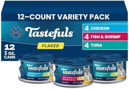 Blue Buffalo Tastefuls Flaked Adult Wet Cat Food Variety Pack (Tuna, Chicken, Fish & Shrimp), Natural Ingredients Enhanced with Vitamins, Minerals & Other Nutrients, 3-oz. Each (12 Cans)