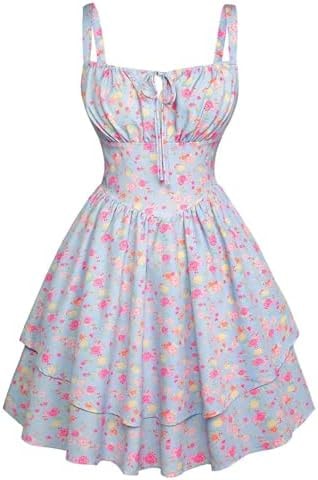 Scarlet Darkness Floral Mini Corset Dress for Women Teen 2026 Summer Spring Flowy A-Line Sundress with Pockets Blue Brown Orange Floral XL