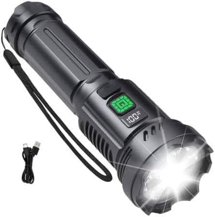 ZHTLTHZ Rechargeable Flashlight Super Bright LED with Digital Power Display, 9 Modes Side Work Light Zoomable Waterproof Type-C Fast Charging for Camping Emergency Home Outdoor Hiking