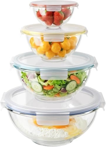 GENICOOK 4Set Nesting Glass Mixing Bowl Set with Airtight Lids BPA Free