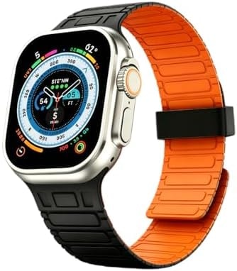 Magnetic Band Compatible with Apple Watch Ultra 3/2/1 Band for Men 49mm 46mm 45mm 44mm 42mm, Silicone Sport Waterproof Loop Strap Magnet Link for iWatch Series SE 11 10 9 8 7 6 5 4 3 2 1,BlackOrange