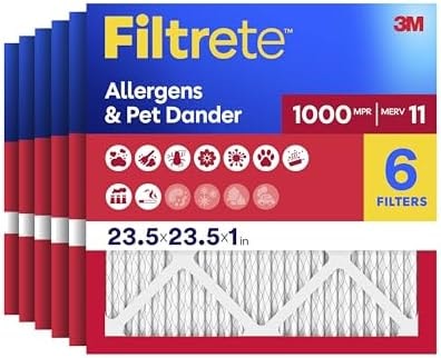 Filtrete 23.5x23.5x1 AC Furnace Air Filter, MERV 11, MPR 1000, Micro Allergen Defense, 3-Month Pleated 1-Inch Electrostatic Air Cleaning Filter, 6 Pack (Actual Size Pack 23.188x23.188x0.81 in)