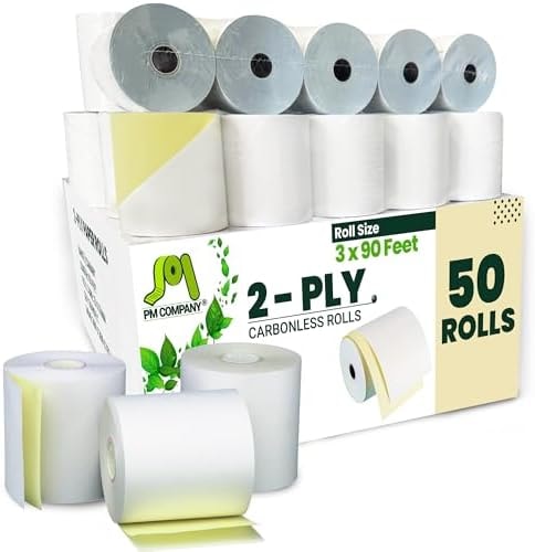 PM Company 2 Ply POS/Cash Register Rolls, 3 Inches X 90 Feet, White/Canary